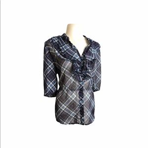 Ultra Pink | Blue Sheer Plaid Button Down Ruffled •